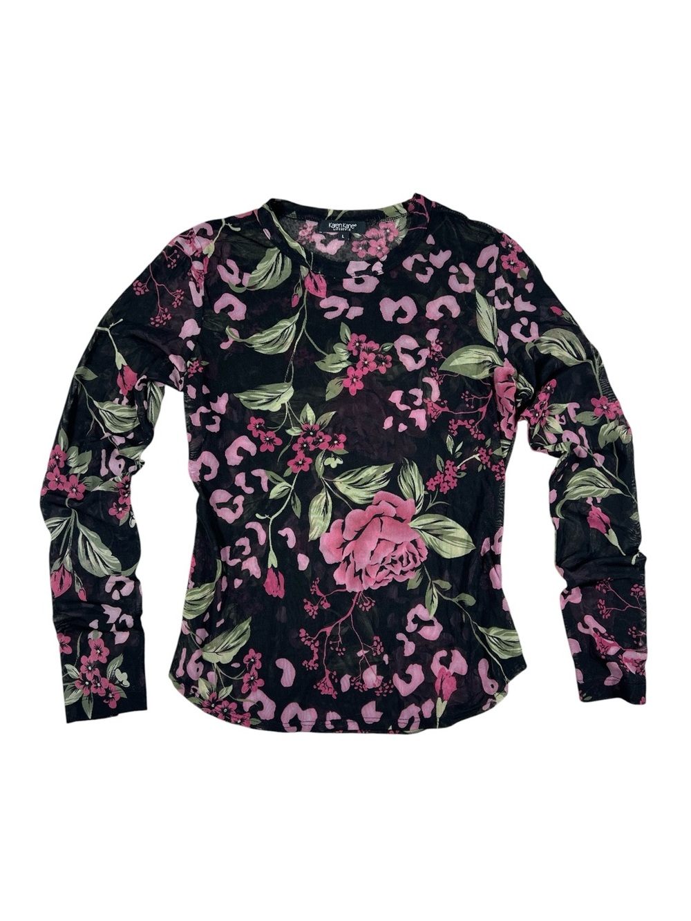 KAREN KANE vintage SHEER FLORAL MESH LONG SLEEVE TOP SIZE LARGE